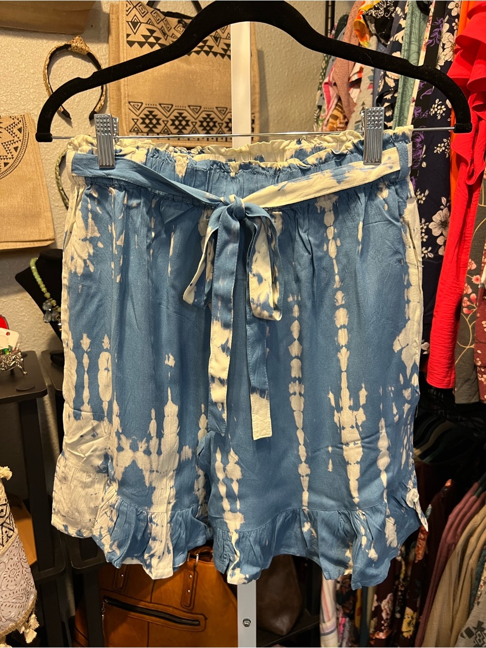 Sacred Threads Blue and White Tie-Dye Ruffle Hem High Waist Shorts